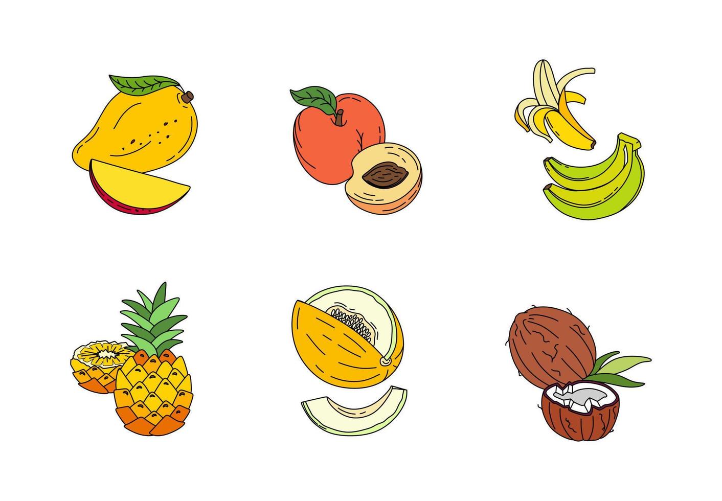 Exotic fruit set doodle Vector color illustration isolated on white background