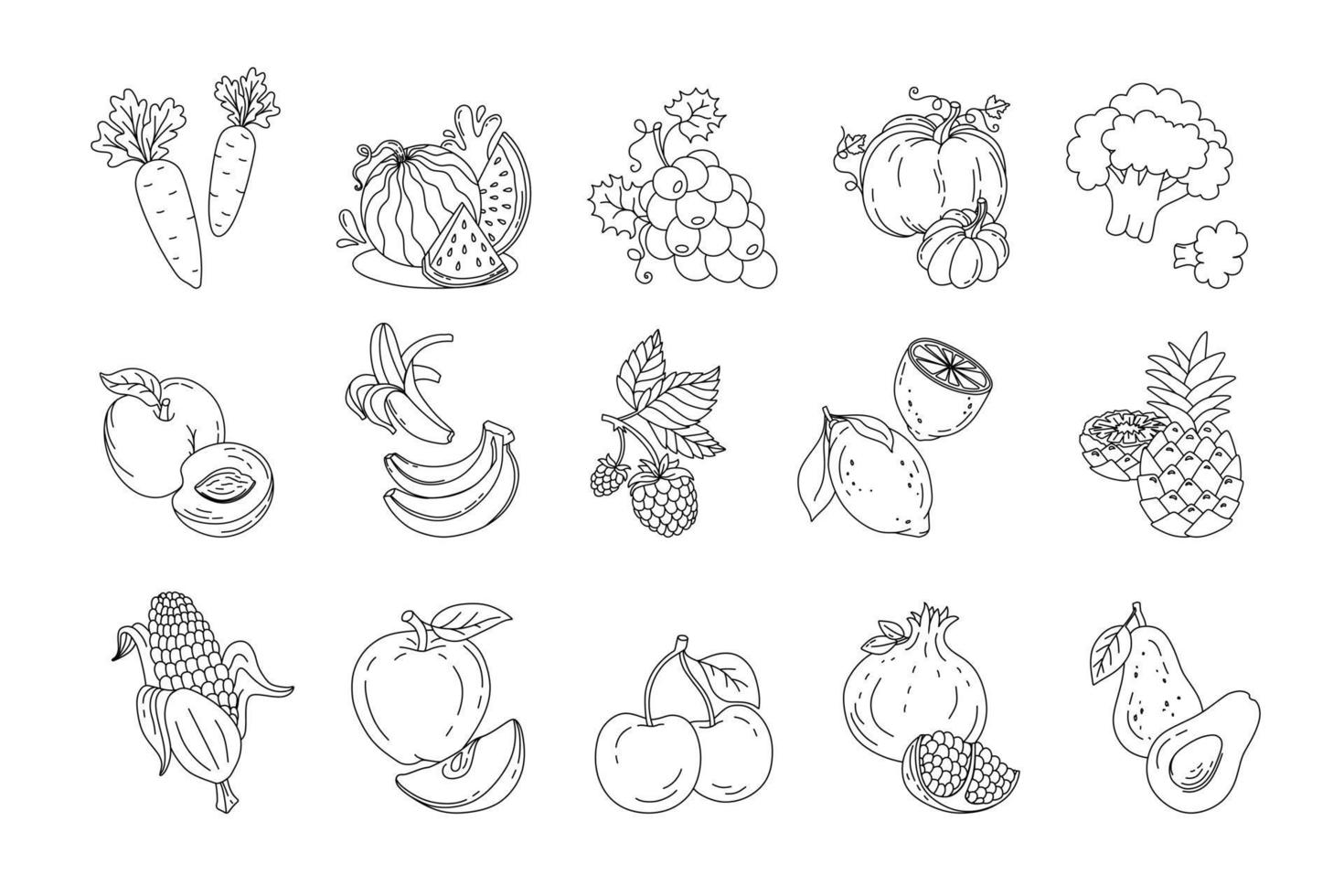 Fruits and berries doodle set Vector black and white illustration isolated on a white background