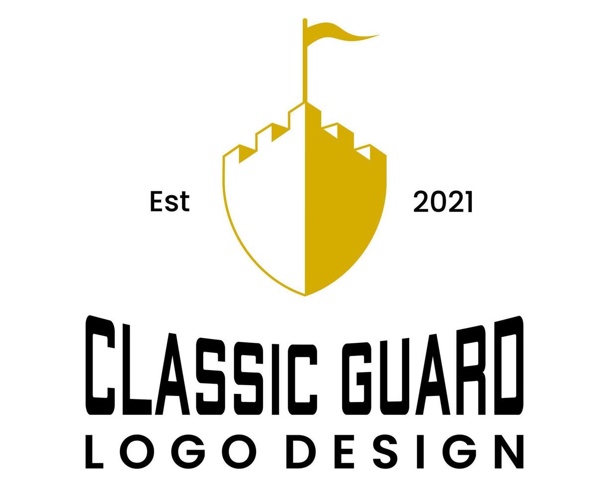 Bold strong castle and shield security logo design. vector