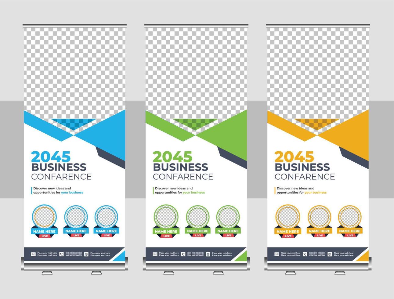 Corporate rollup banner, pull up, business flyer, display, x-banner, and flag-banner Set vector
