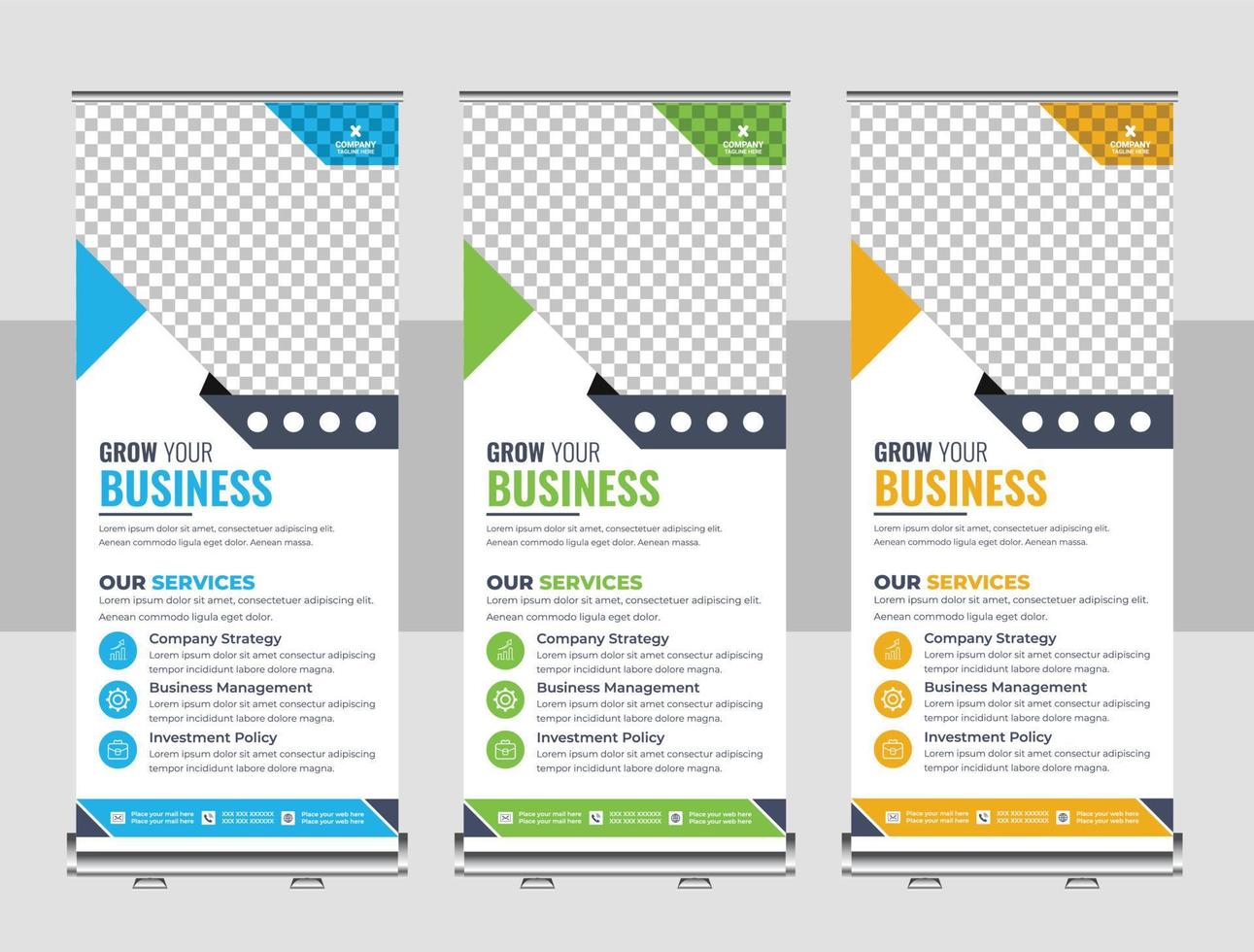 Corporate rollup banner, pull up, business flyer, display, x-banner, and flag-banner Set vector