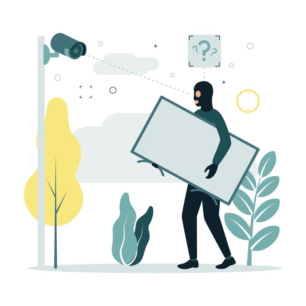 Video monitoring. A vector illustration of a CCTV camera shoots a masked man who has stolen a TV, the camera does not recognize his face, against a background of trees.