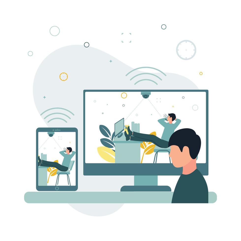 CCTV. Vector illustration a surveillance camera takes pictures as a man in the office at the workplace leaned back in his chair, put his legs on the table and speaks on the phone.