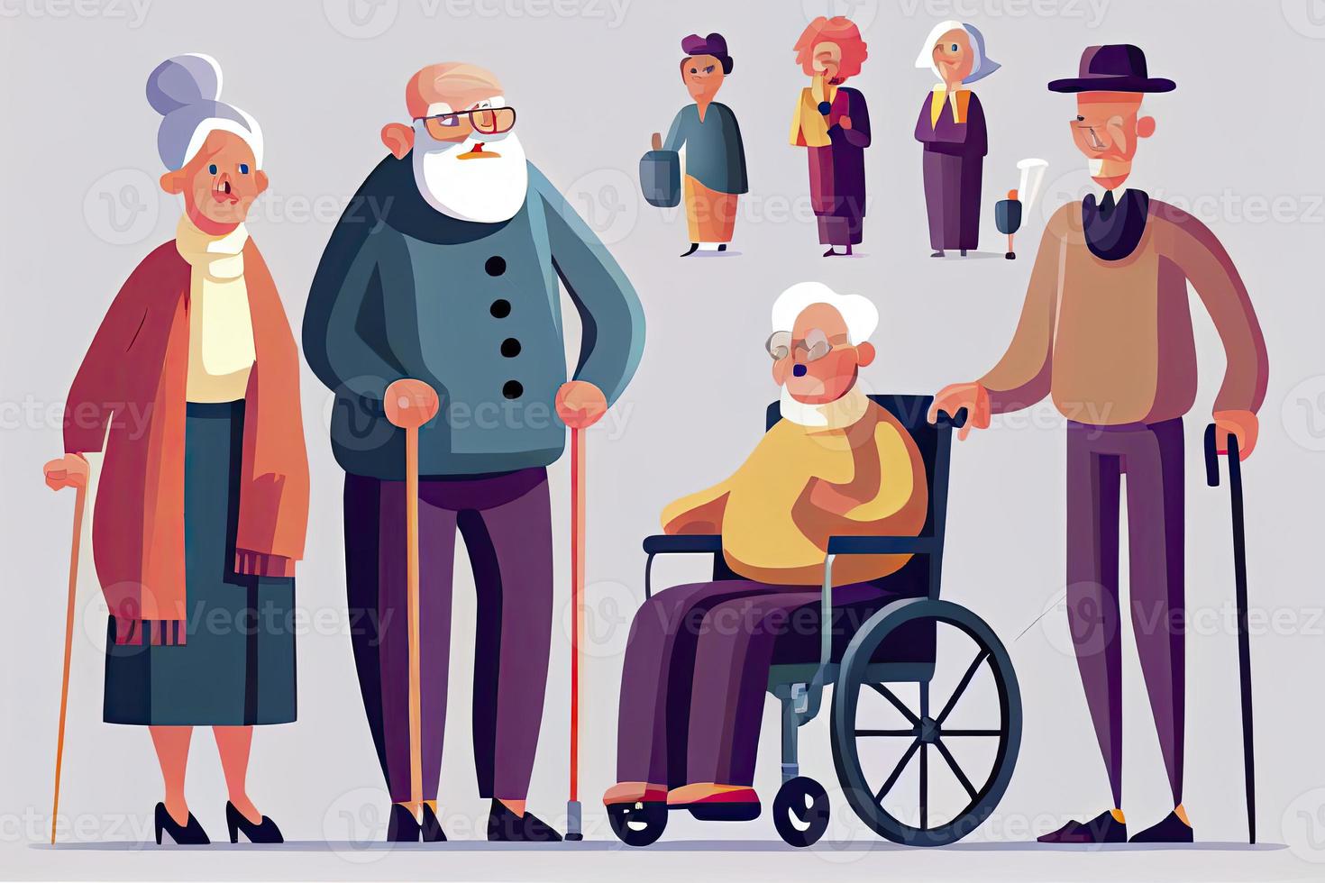 Cartoon old people. Happy aged citizens, disabled senior on older wheelchair and care seniors smiling photo