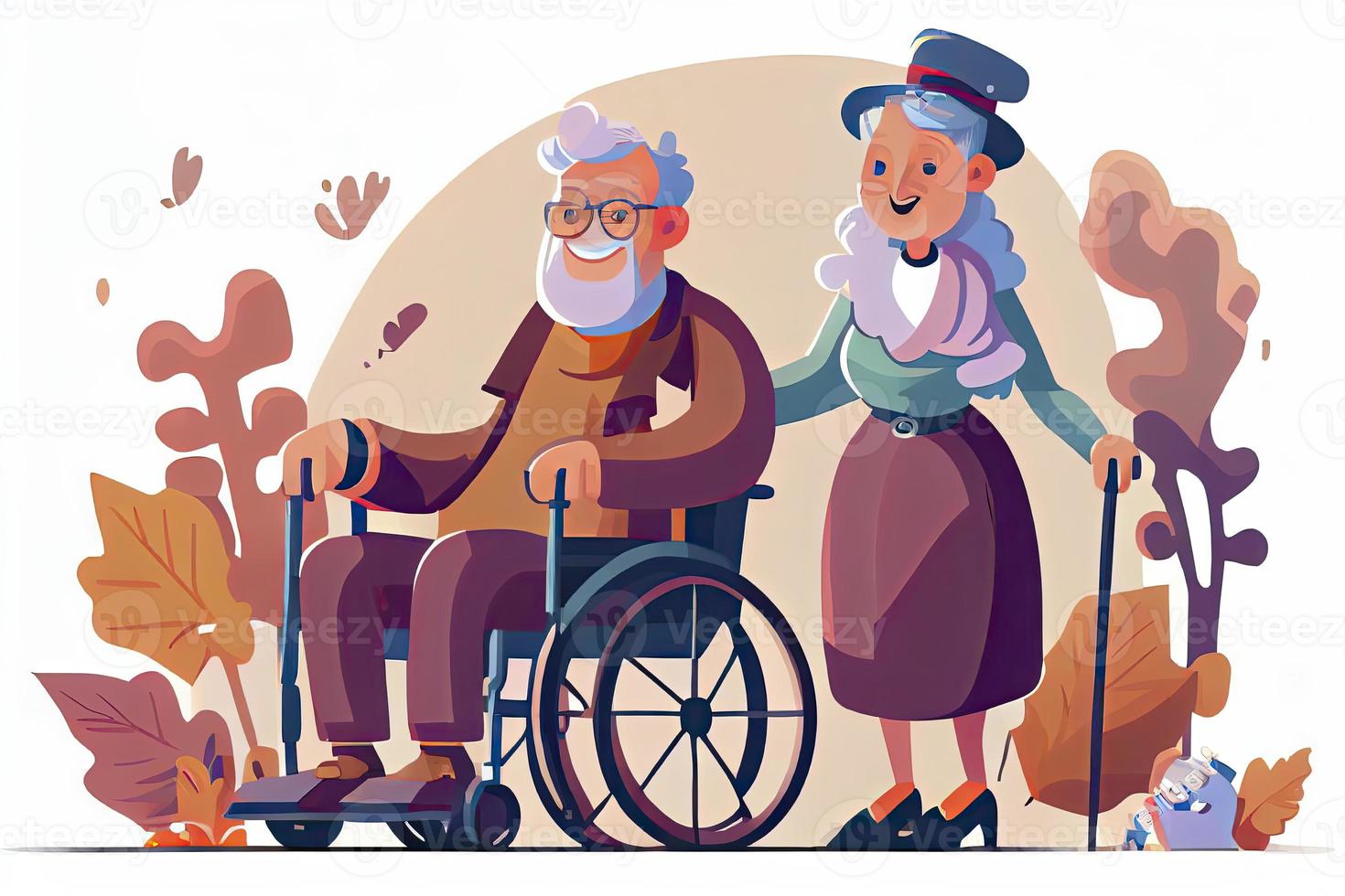 Cartoon old people. Happy aged citizens, disabled senior on older wheelchair and care seniors smiling photo