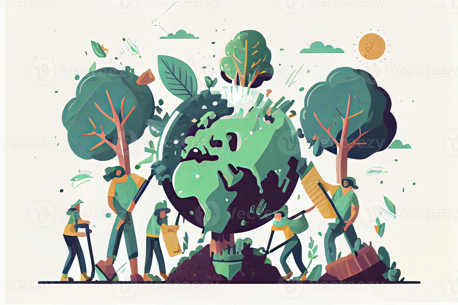little men prepare for the day of the Earth, save the planet, save energy, the concept of the Earth day vector photo
