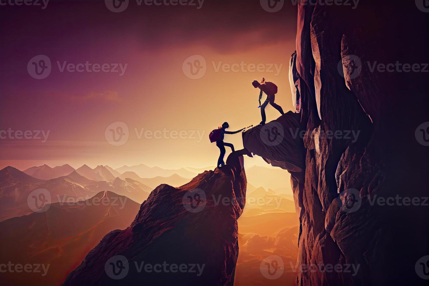 Team work, life goals and self improvement concept. Man helping his female climbing partner up a steep edge of a mountain photo