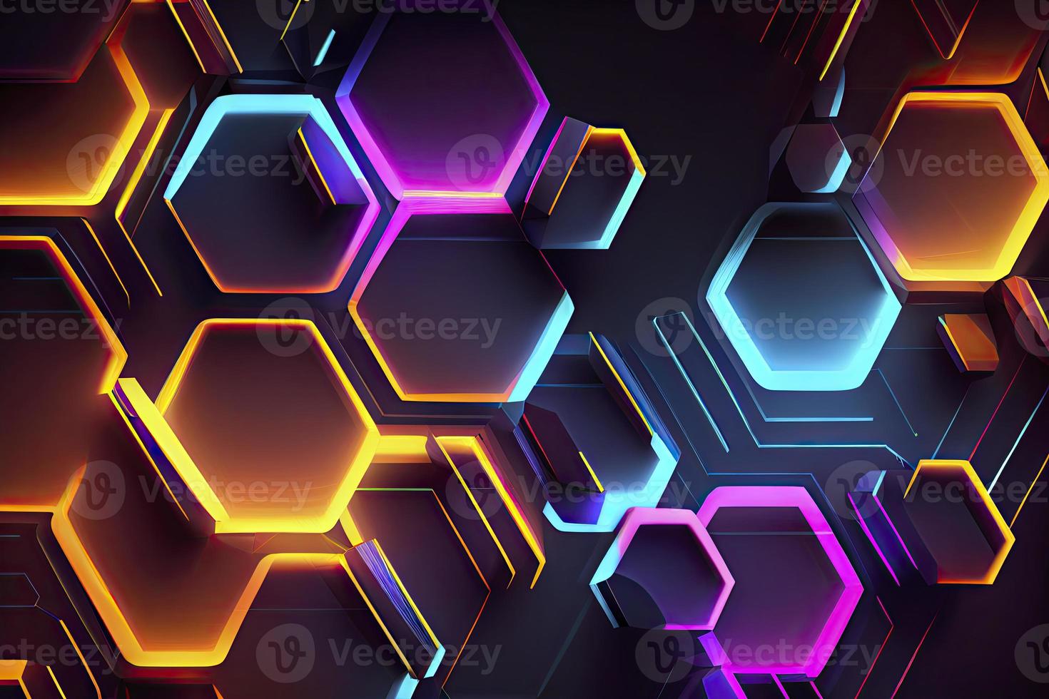 Abstract hexagonal shapes background with neon color elements photo