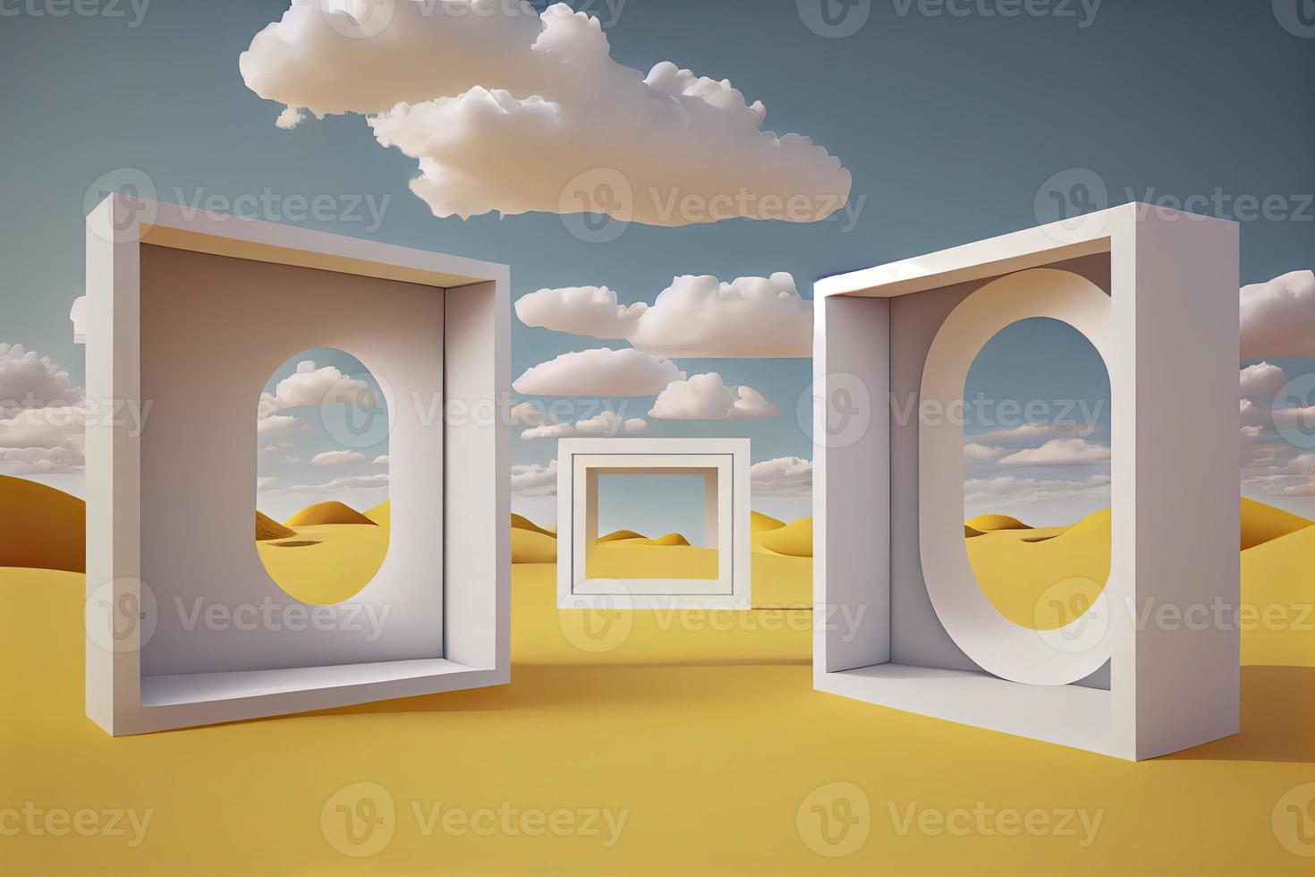 Surreal desert landscape with white clouds going into the yellow square portals on sunny day photo