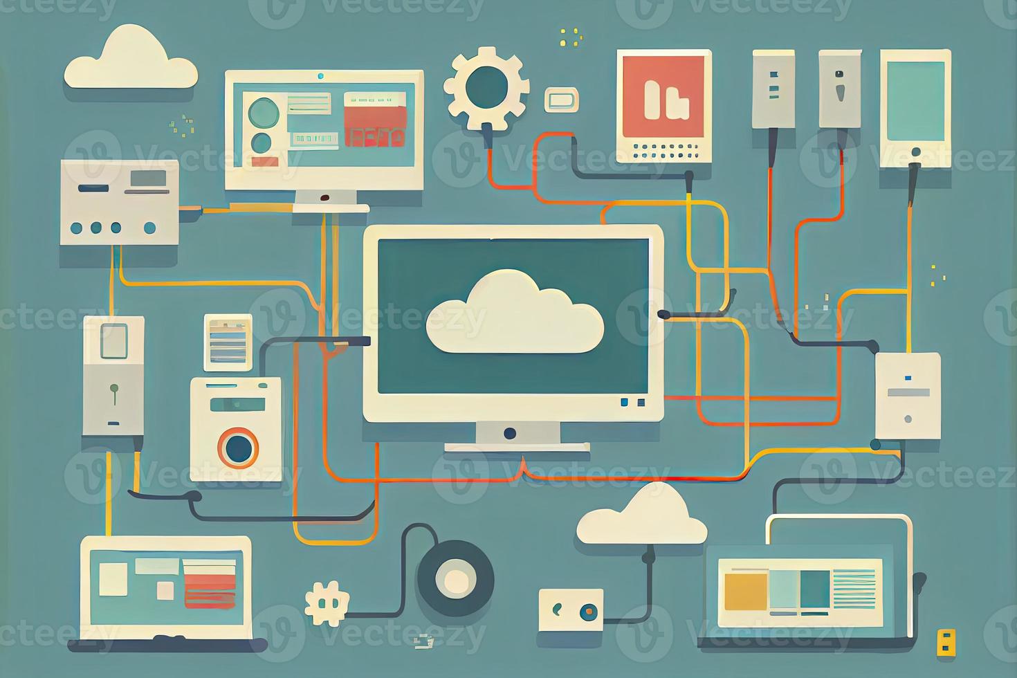 Flat design vector illustration concept of computer and connected mobile devices with links photo