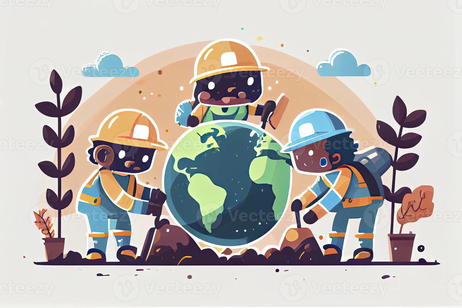 little men prepare for the day of the Earth, save the planet, save energy, the concept of the Earth day vector photo