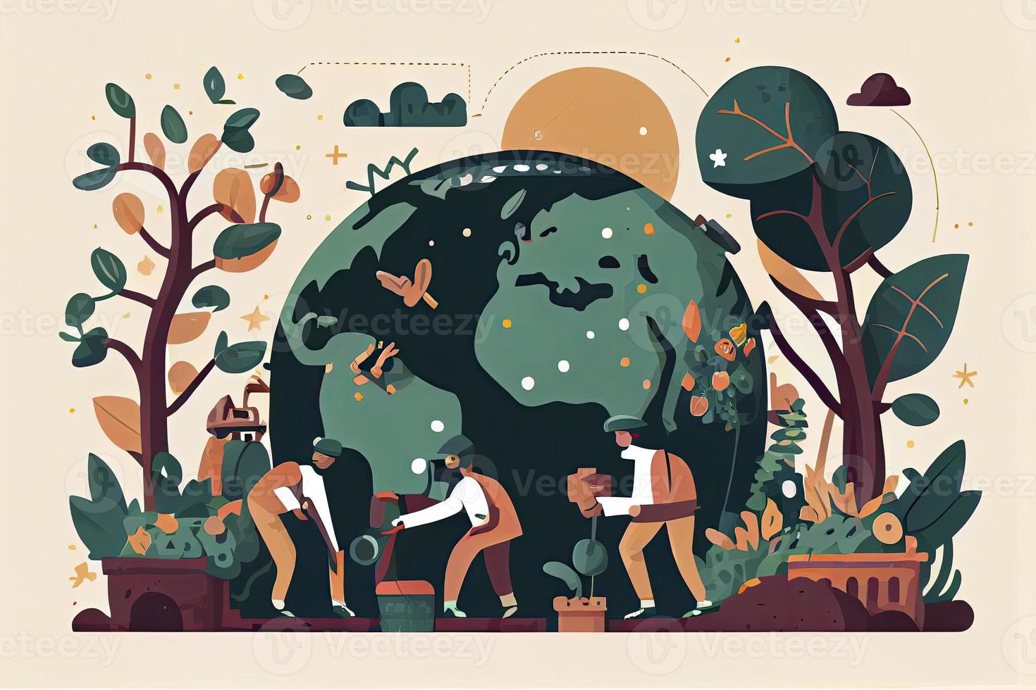 little men prepare for the day of the Earth, save the planet, save energy, the concept of the Earth day vector photo