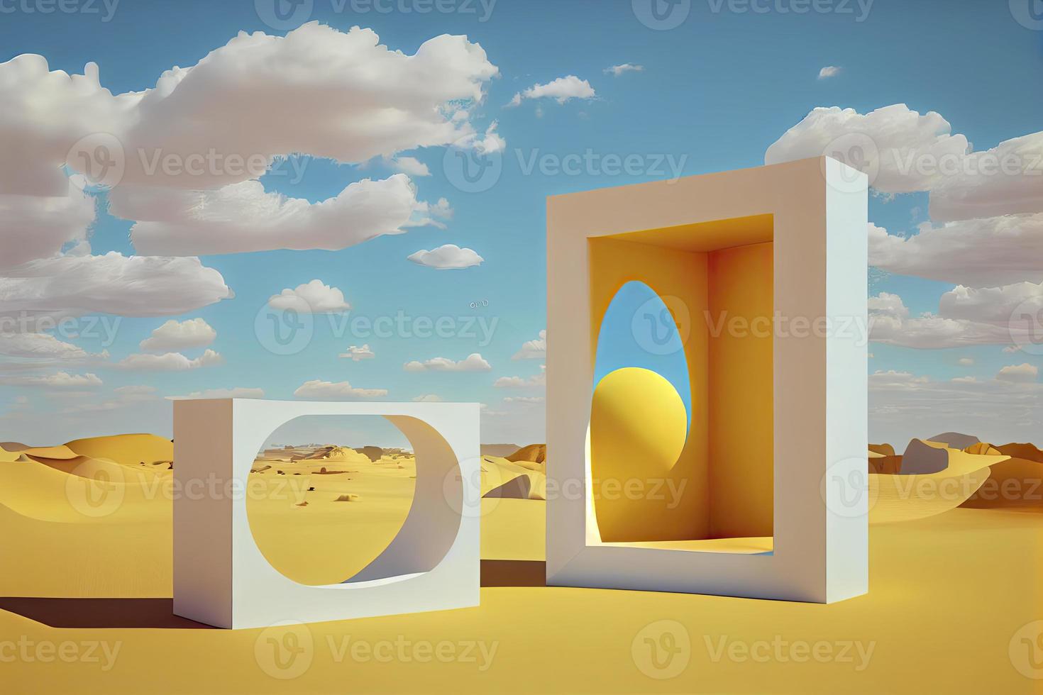 Surreal desert landscape with white clouds going into the yellow square portals on sunny day photo
