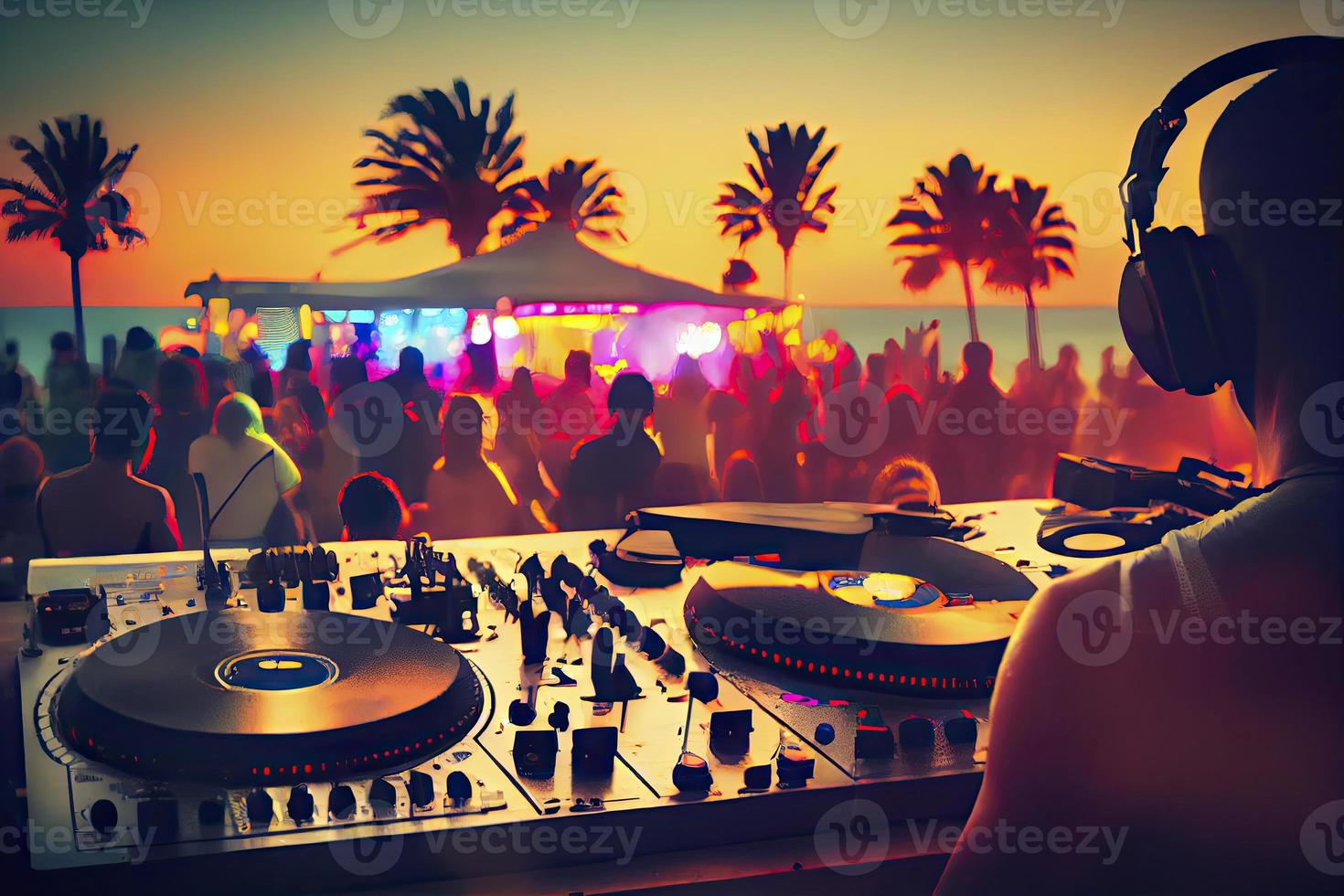 Dj mixing outdoor at beach party festival with crowd of people in