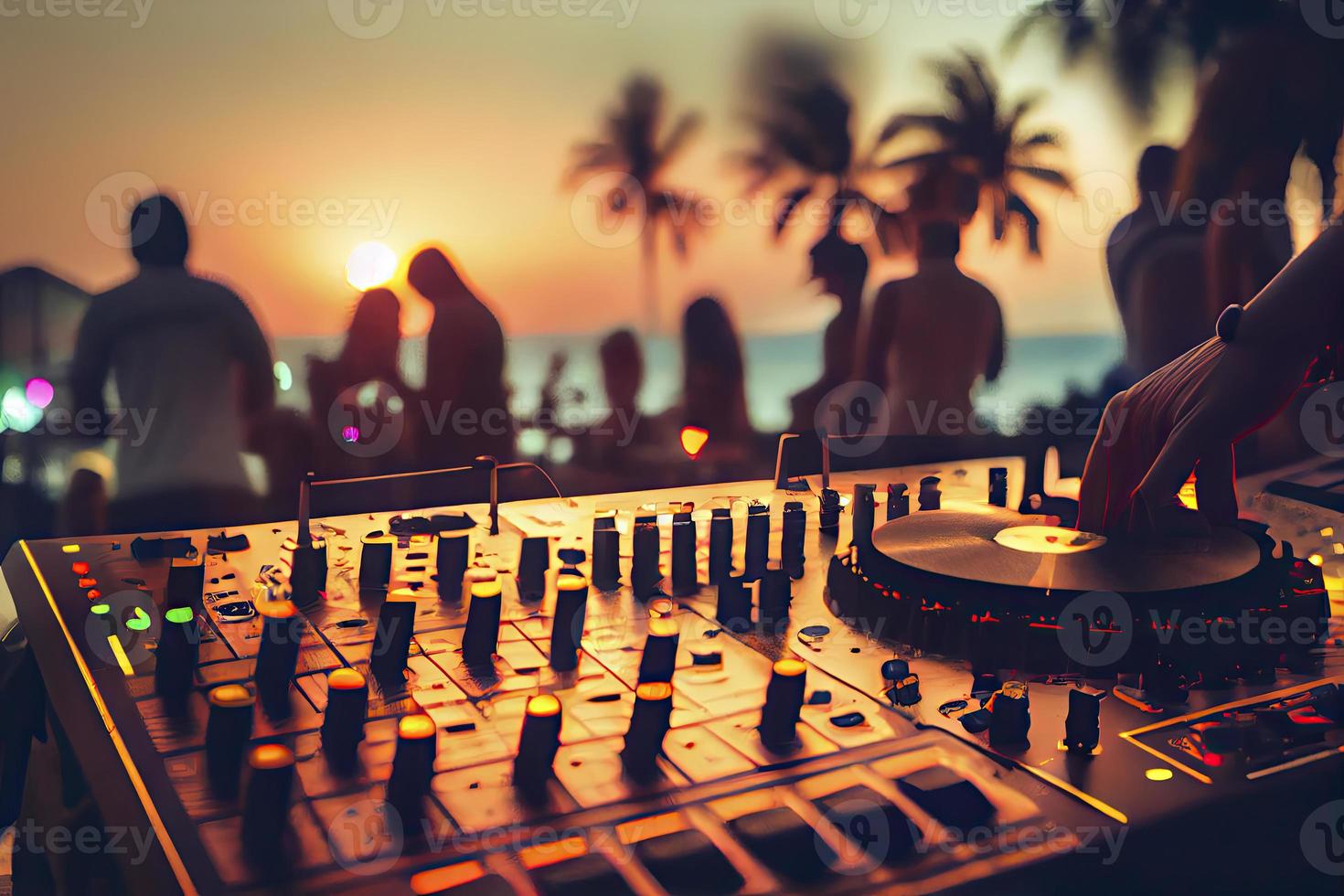 Dj mixing outdoor at beach party festival with crowd of people in background - Summer nightlife photo