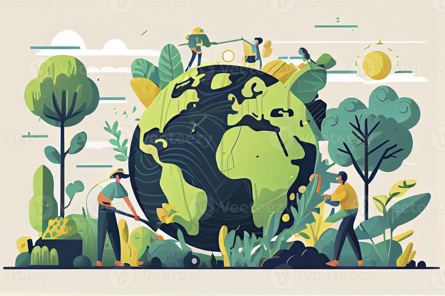 little men prepare for the day of the Earth, save the planet, save energy, the concept of the Earth day vector photo