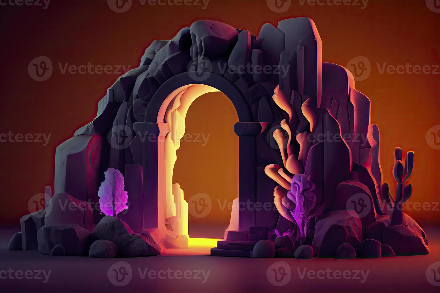 abstract neon background with glowing arch and stone ruins, showcase for product presentation photo