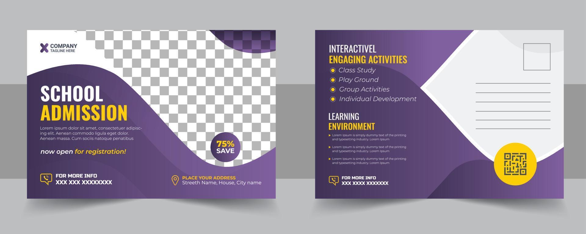 Kids back to school education admission postcard template. Modern professional school admission postcard template design vector