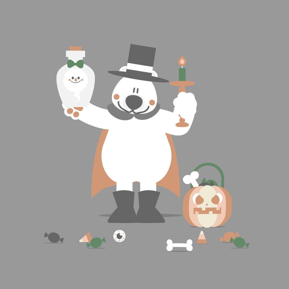 contento Víspera de Todos los Santos fiesta festival con polar oso, fantasma, calabaza y dulce, plano vector ilustración dibujos animados personaje diseño