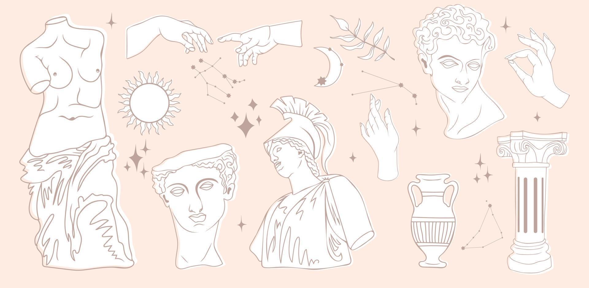 Greek ancient sculpture mystic set vector