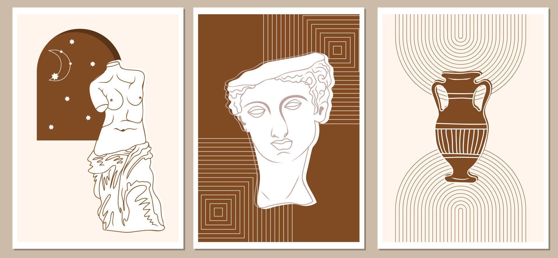 Set of abstract vertical posters with greek antique statues, abstract shapes and space elements vector