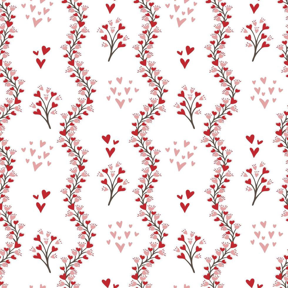 Seamless pattern of twigs with flowers and hearts on white background vector