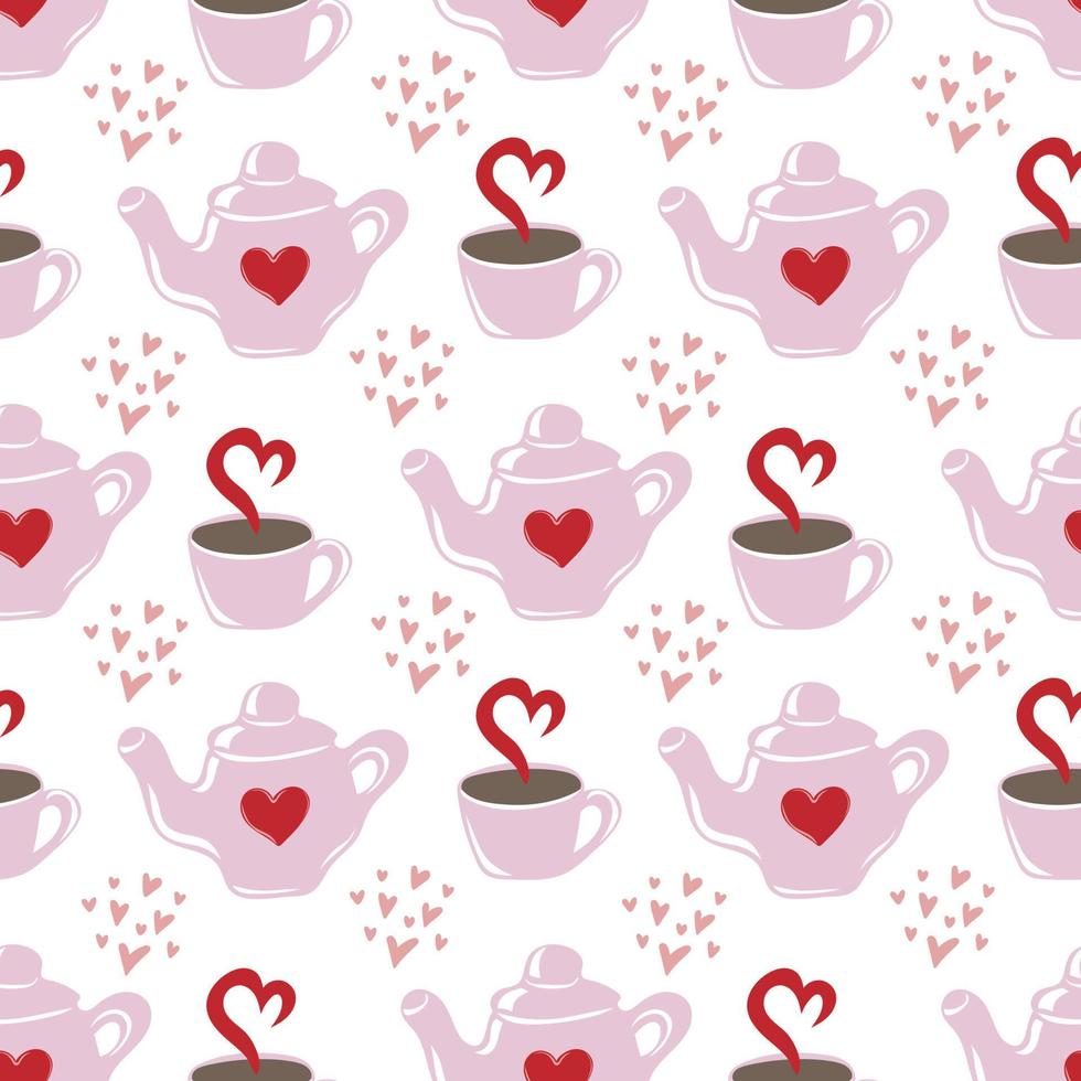 Seamless pattern of hearts, teapots and cups of tea on white background vector