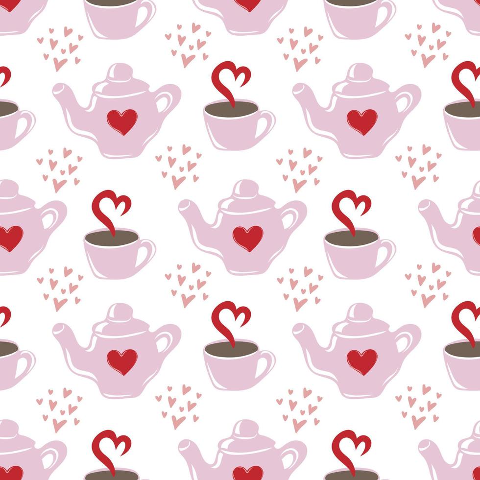 sin costura modelo de corazones, teteras y tazas de té en blanco antecedentes vector