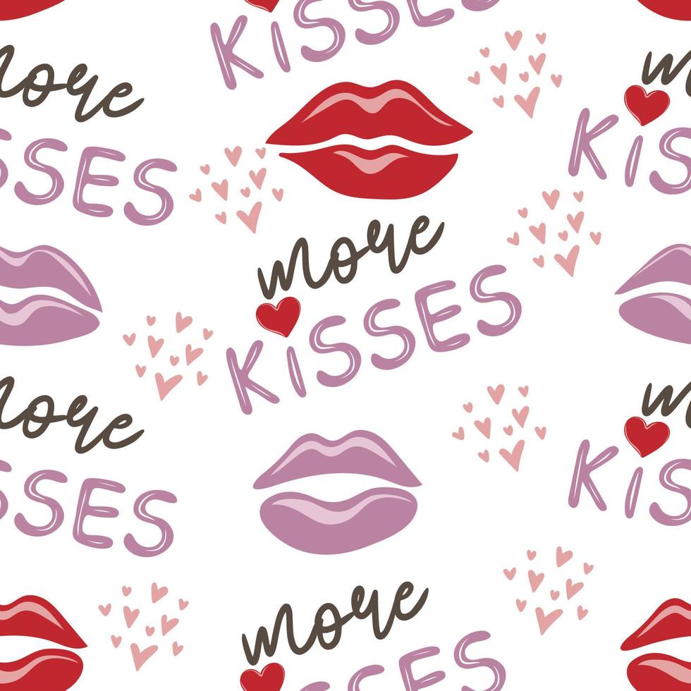 Seamless pattern of hearts, lips and more kisses text on white background vector