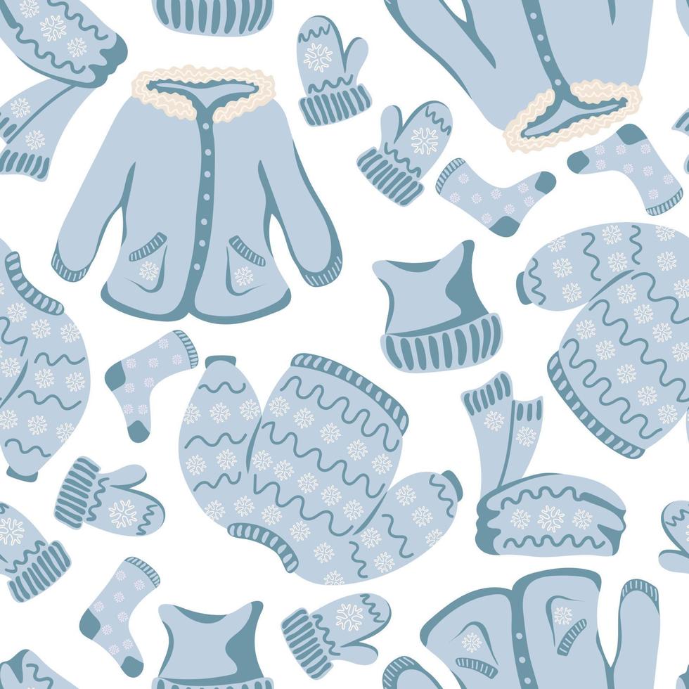 Seamless pattern with warm clothes, mittens, jacket, scarf and hat on white background vector