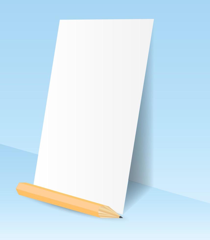 White blank sheet of paper stands, leaning on the wall, pencil and A4 sheet of paper vector