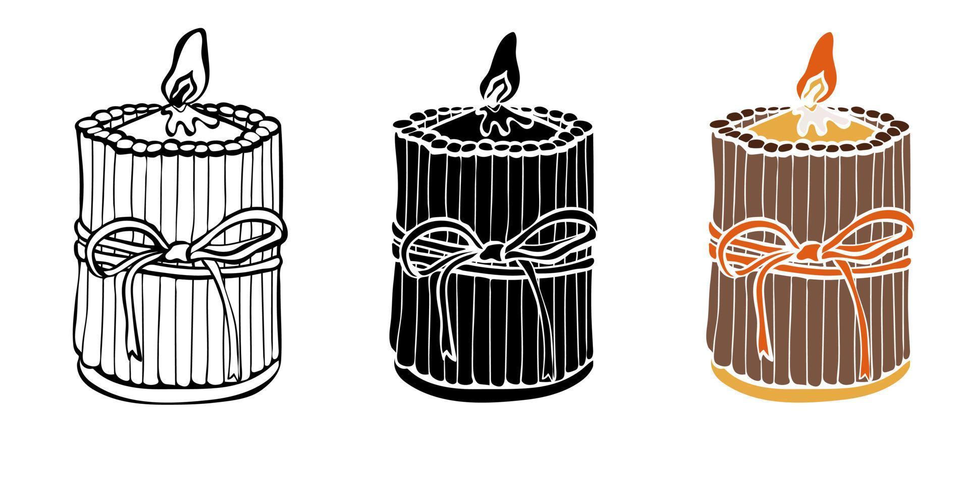 Burning candle with cinnamon sticks vector