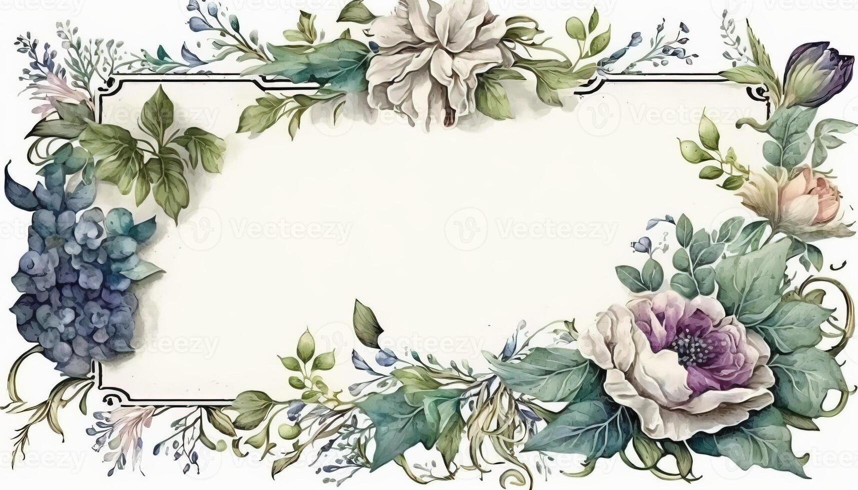 , Watercolor frame with spring flowers, hand drawn art style with place for text. Greeting, birthday and other holiday, wedding invitation concept photo