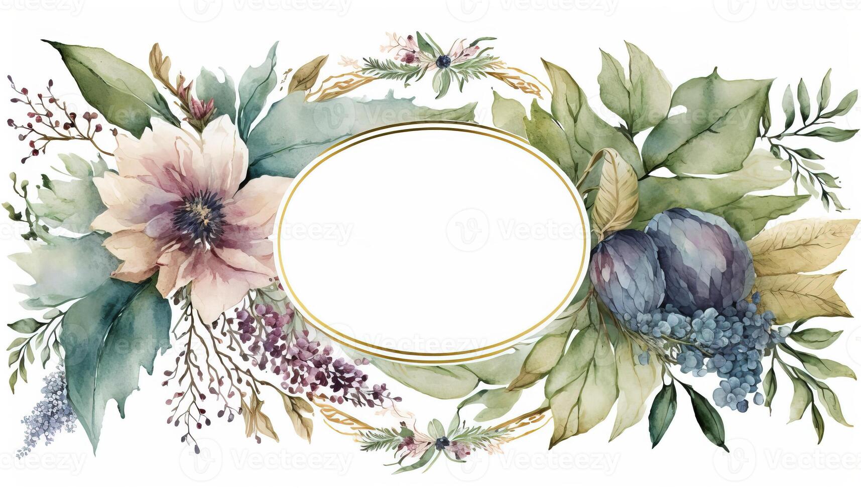 , Watercolor frame with spring flowers, hand drawn art style with place for text. Greeting, birthday and other holiday, wedding invitation concept photo