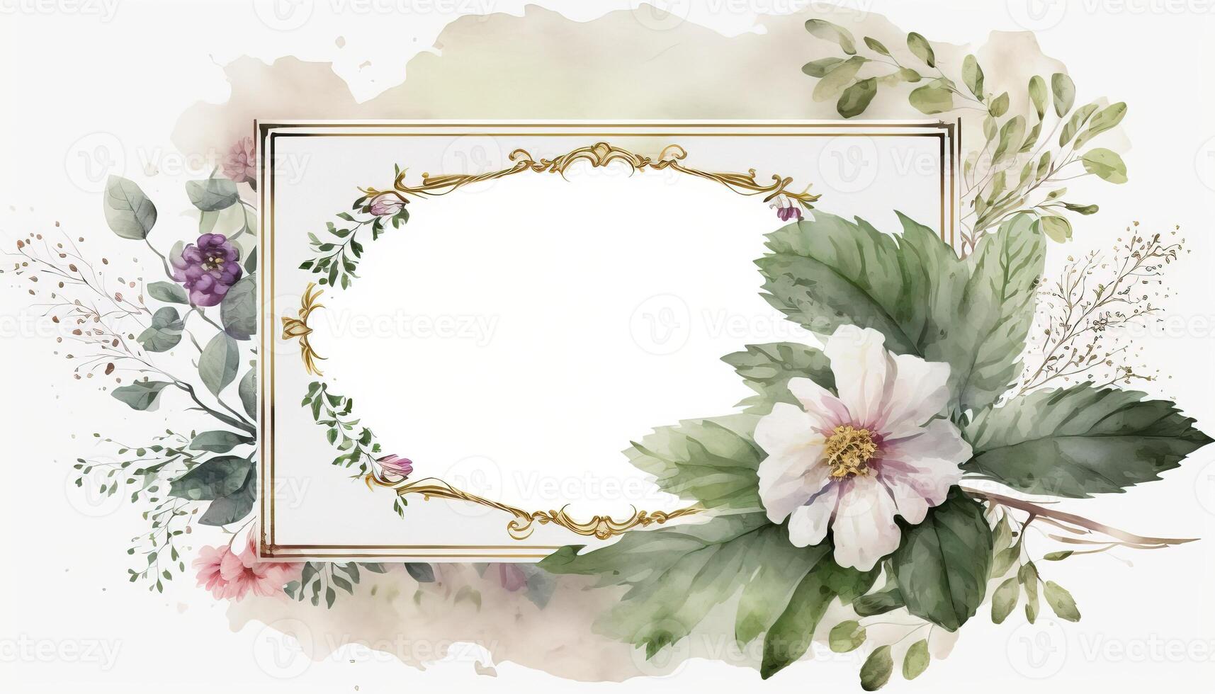 , Watercolor frame with spring flowers, hand drawn art style with place for text. Greeting, birthday and other holiday, wedding invitation concept photo