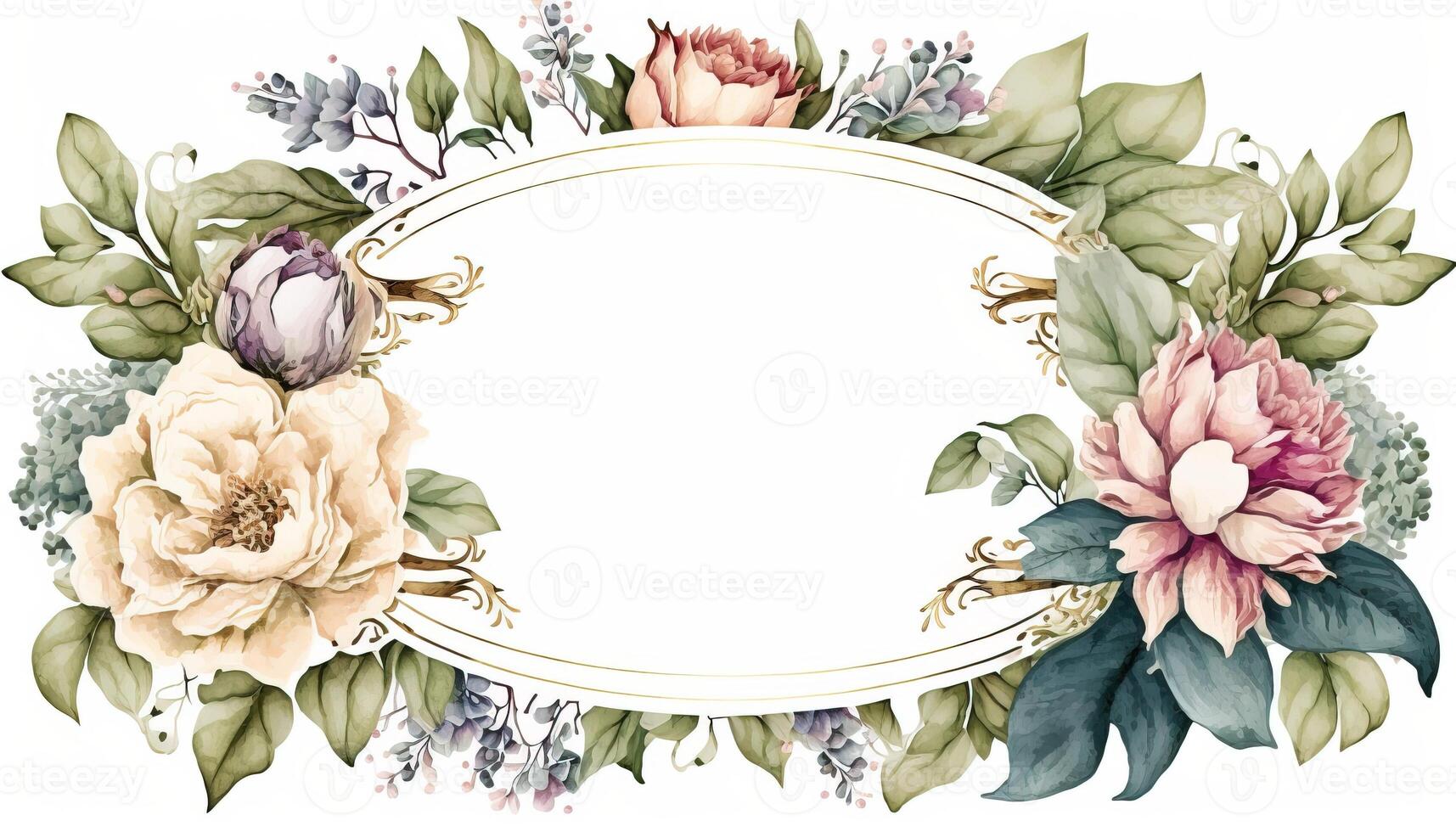 , Watercolor frame with spring flowers, hand drawn art style with place for text. Greeting, birthday and other holiday, wedding invitation concept photo