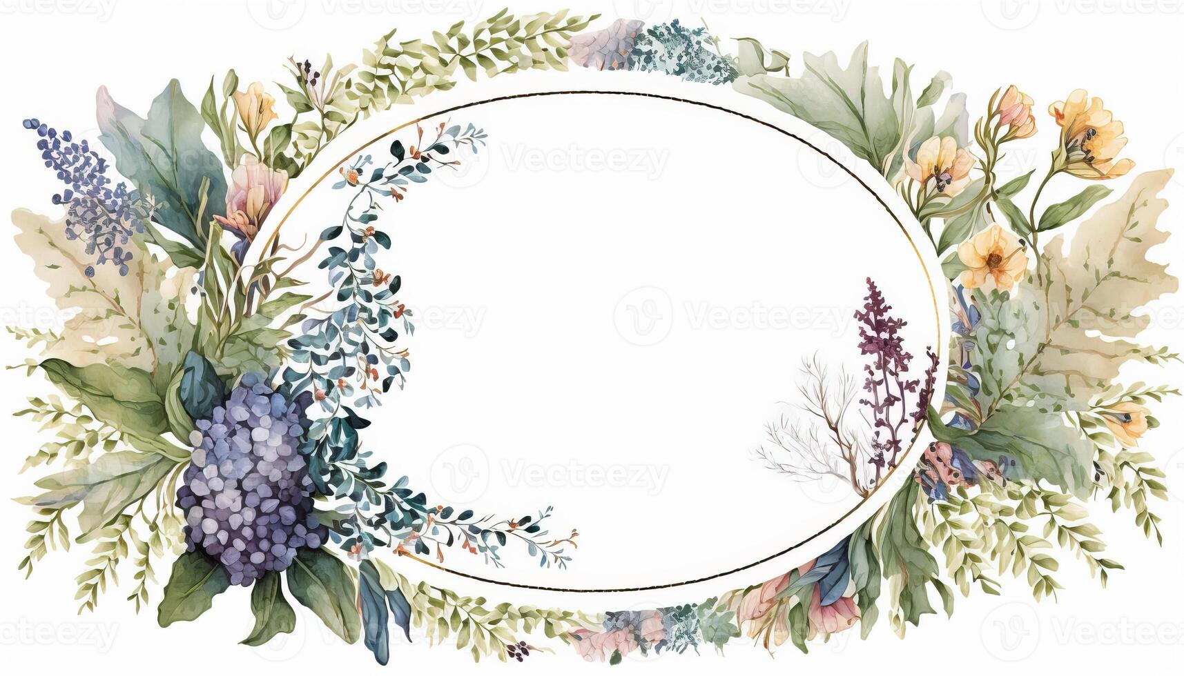 , Watercolor frame with spring flowers, hand drawn art style with place for text. Greeting, birthday and other holiday, wedding invitation concept photo