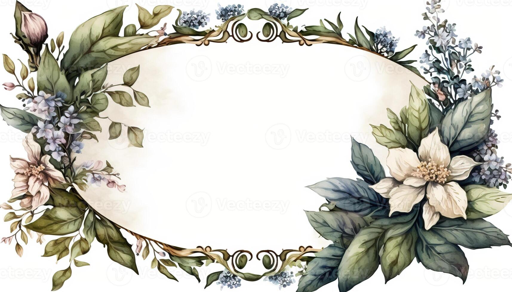 , Watercolor frame with spring flowers, hand drawn art style with place for text. Greeting, birthday and other holiday, wedding invitation concept photo