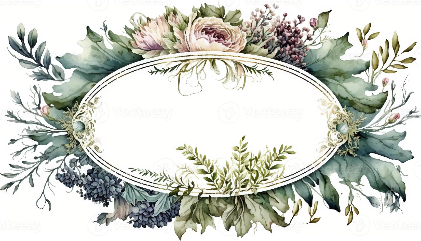 , Watercolor frame with spring flowers, hand drawn art style with place for text. Greeting, birthday and other holiday, wedding invitation concept photo