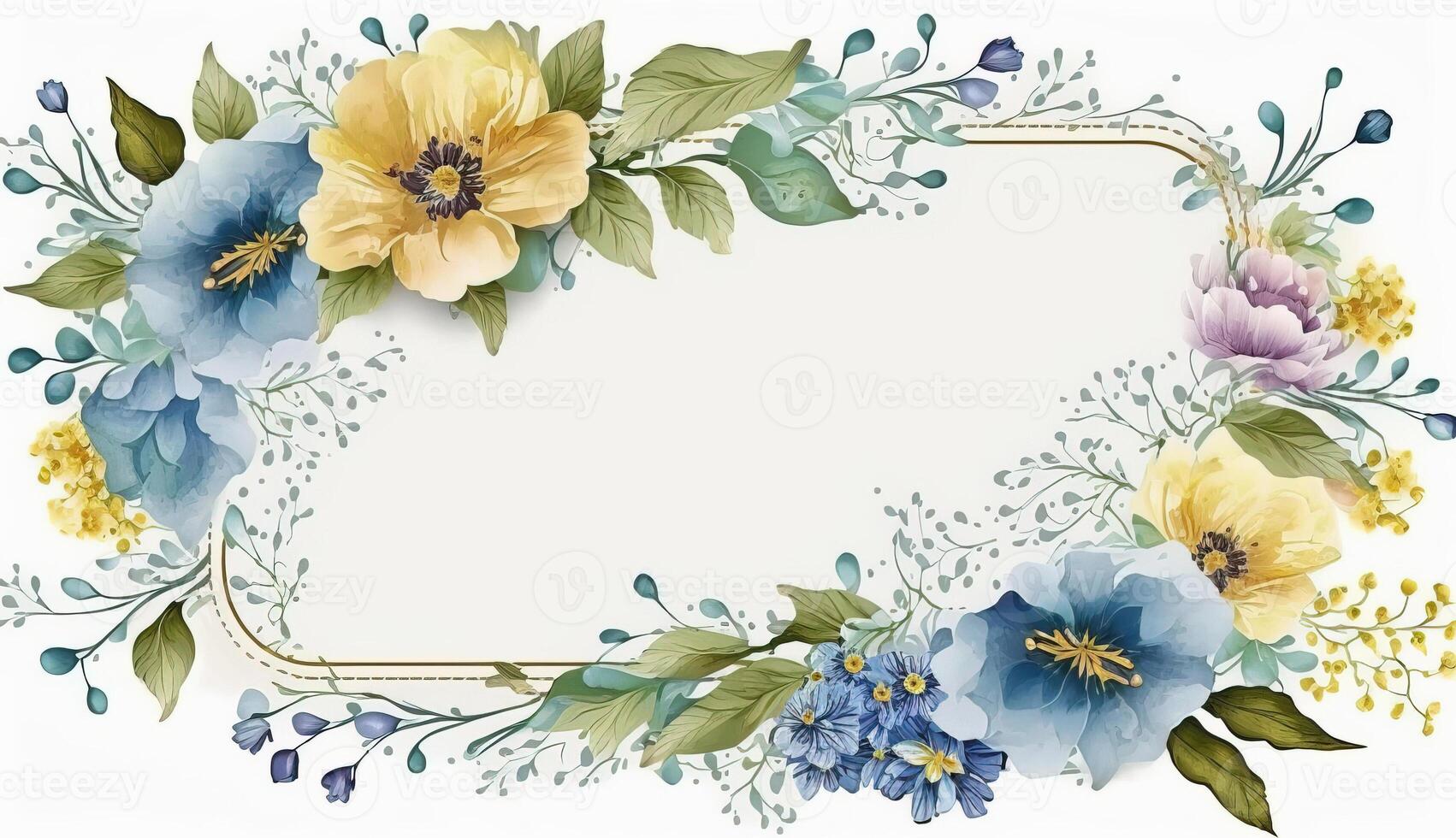 , Watercolor frame with spring blue and yellow flowers, hand drawn art style with place for text. Greeting, birthday and other holiday, wedding invitation concept photo