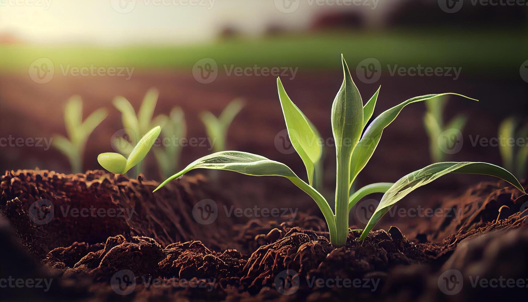 , Young plant Growing In sunlight from the ground, macro photorealistic illustration, agricultural vegetable. Nature organic healthy farm food concept, horizontal banner. photo