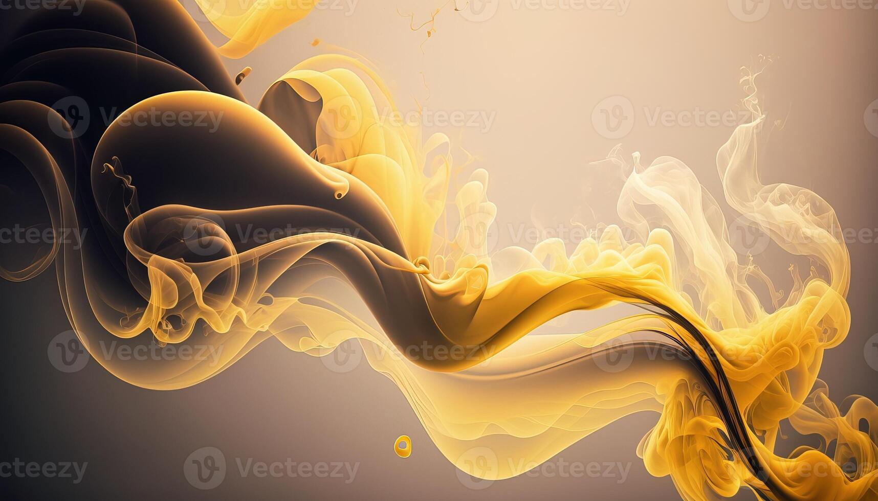 , Flowing light yellow smoke with splashes. Soft fluid banner, spring female mood, 3D effect, modern macro realistic abstract background illustration, ink in water effect. photo