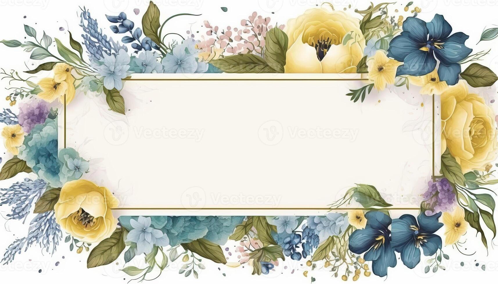 , Watercolor frame with spring blue and yellow flowers, hand drawn art style with place for text. Greeting, birthday and other holiday, wedding invitation concept photo