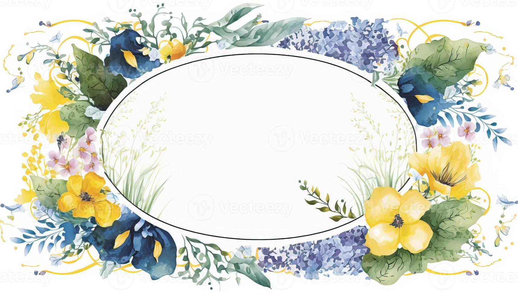 , Watercolor frame with spring blue and yellow flowers, hand drawn art style with place for text. Greeting, birthday and other holiday, wedding invitation concept photo