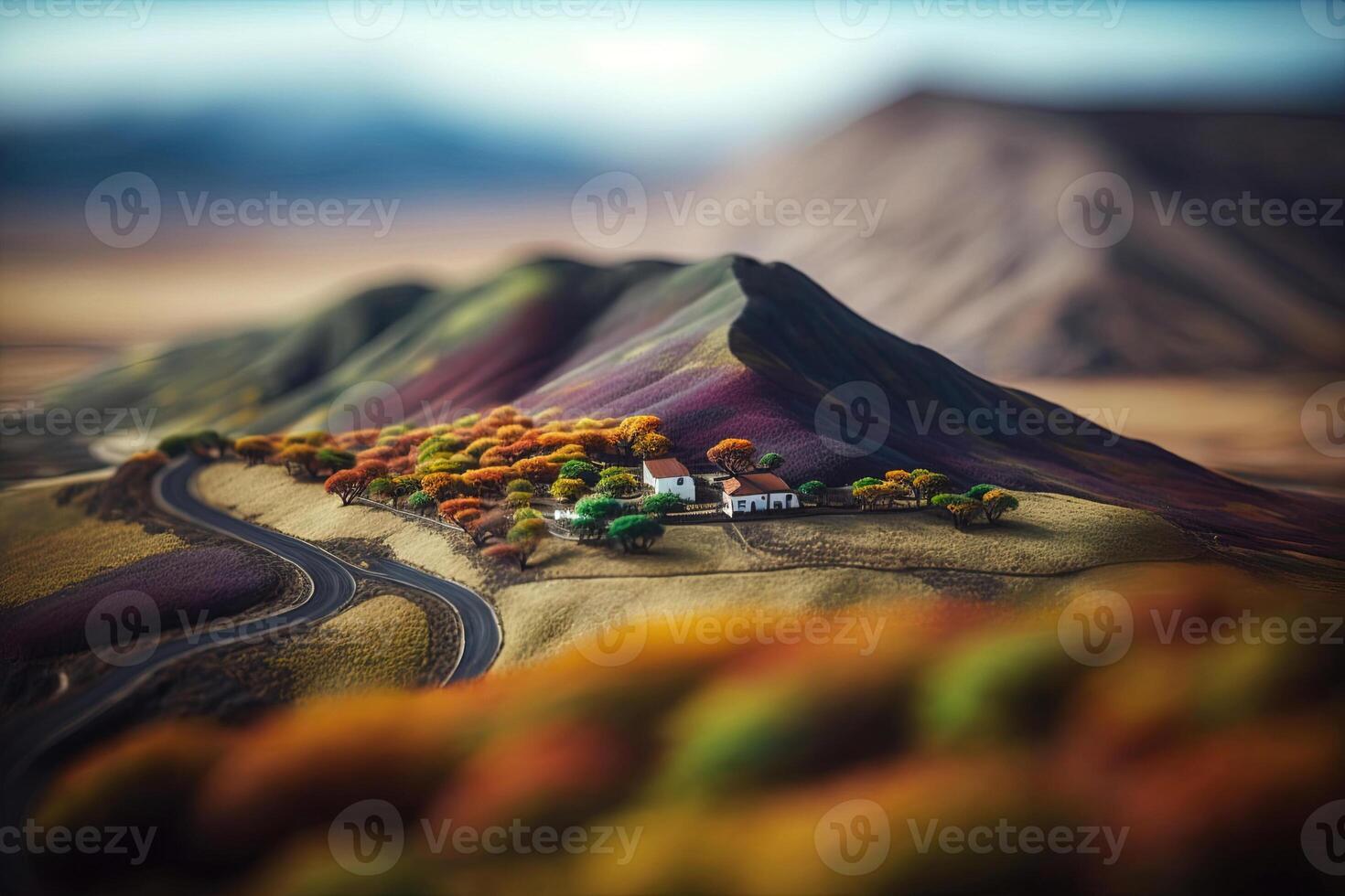 , Mountains landscape, houses, trees, road, beautiful countryside.. Nature Illustration, photorealistic tilt shift horizontal banner. photo