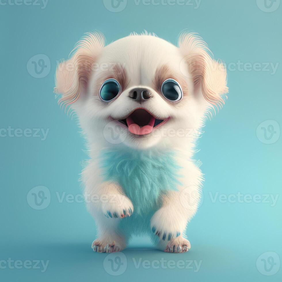 Realistic 3D rendering of a happy, fluffy and cute puppy smiling with big eyes looking straight at you. Created with photo