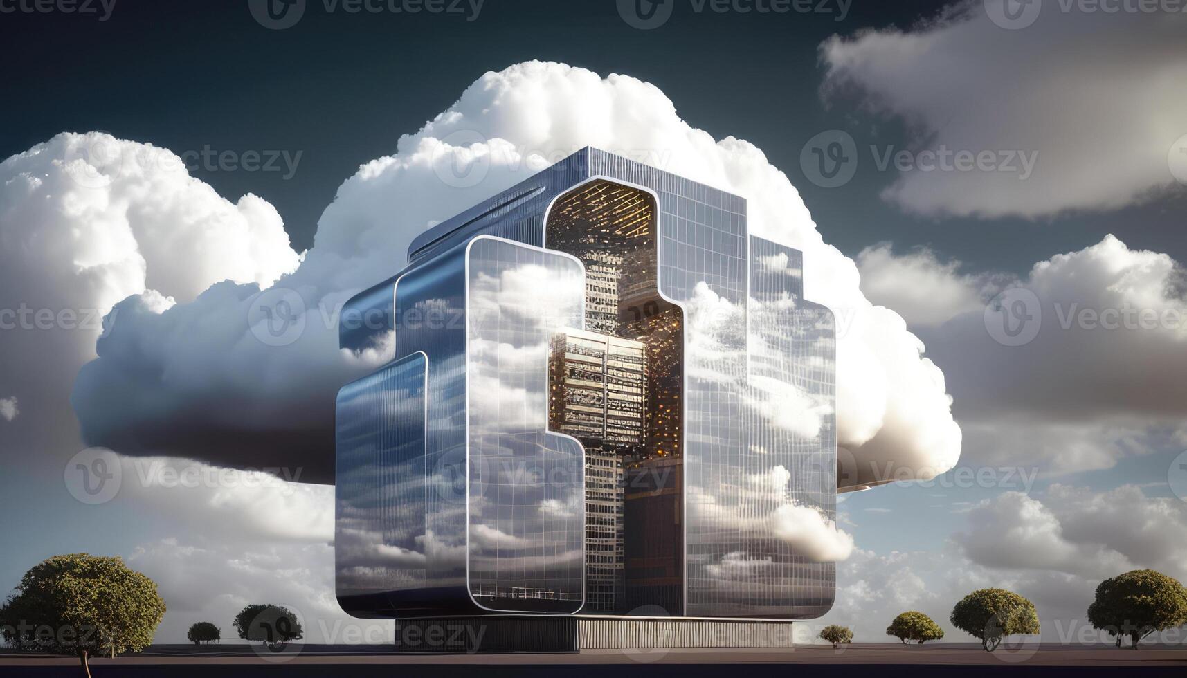 Cloud computing concept. front view. Smart city wireless internet communication with cloud storage, cloud services. Created with photo