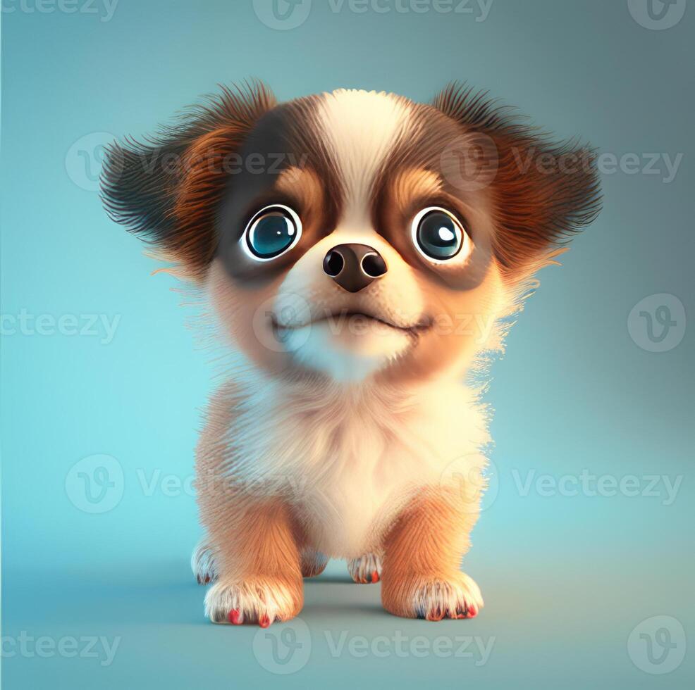 Realistic 3D rendering of a happy, fluffy and cute puppy smiling with big eyes looking straight at you. Created with photo