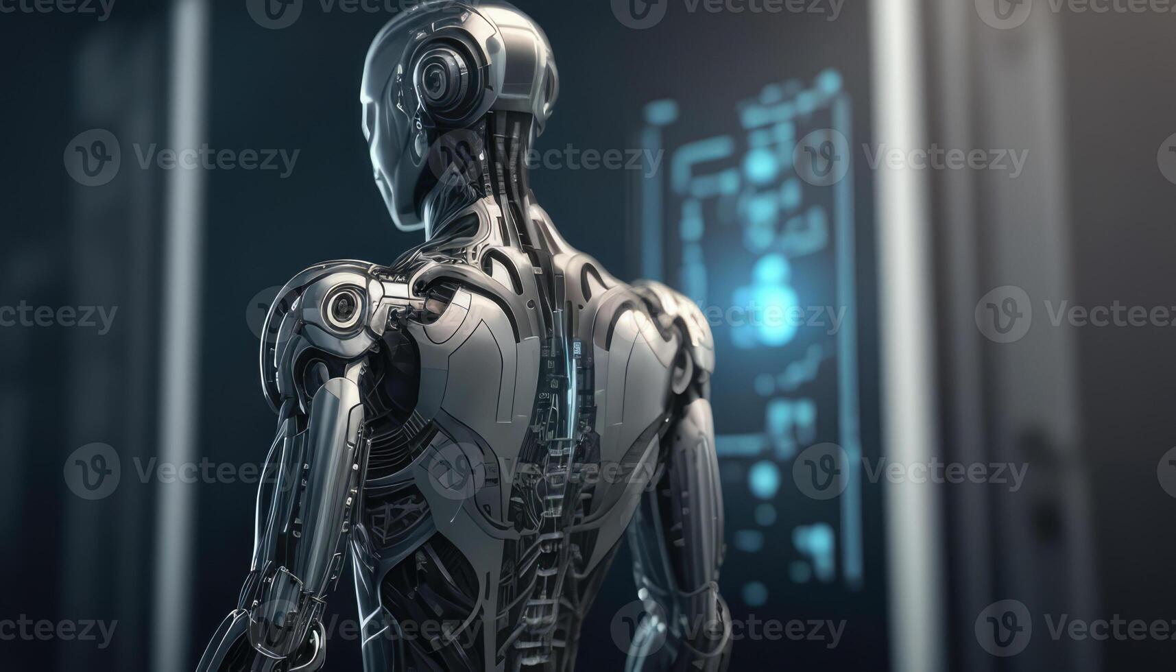 Robot or cyborg programming artificial intelligence in cyberspace. AI in industrial revolution. Created with photo
