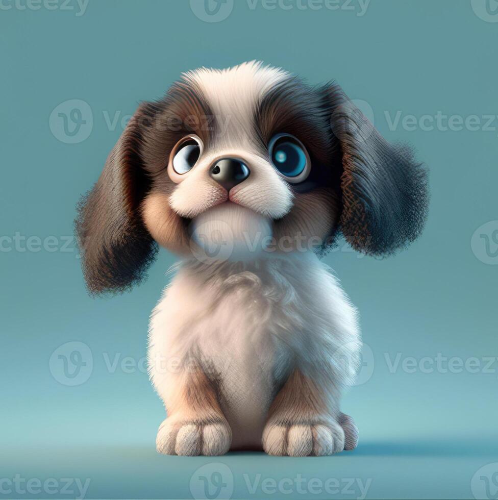 Realistic 3D rendering of a happy, fluffy and cute puppy smiling with big eyes looking straight at you. Created with photo